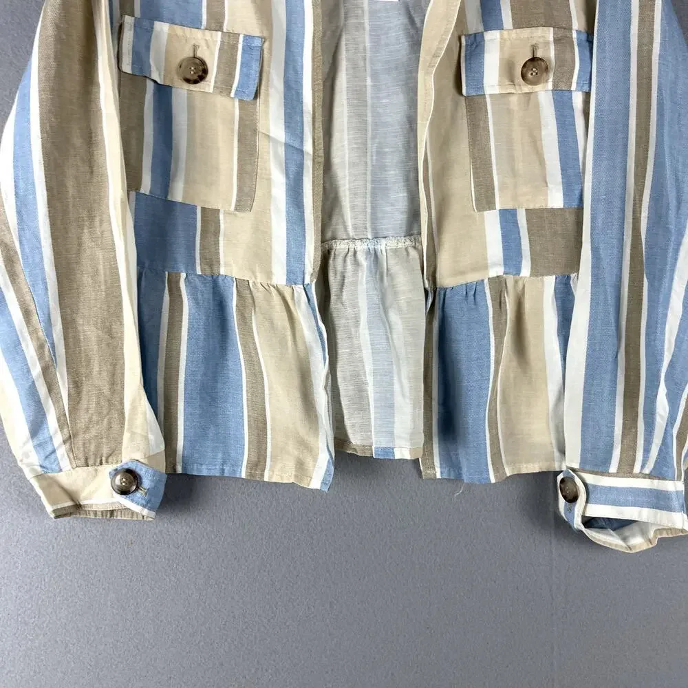 Zara Jacket Womens Large Striped Blue Linen BlendOpen Front Peplum Coastal NWT - Picture 3 of 16